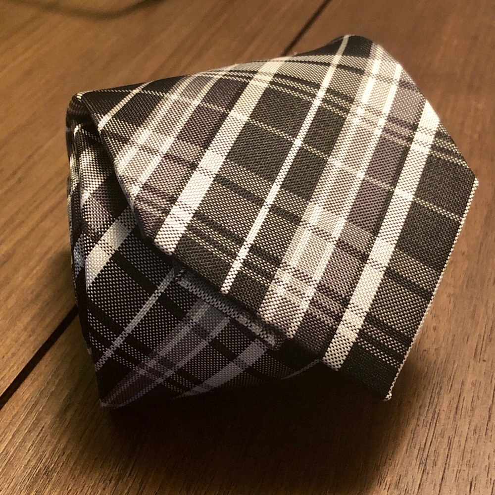 Silk Tie, Modern Plaid Black, Pewter and Silver